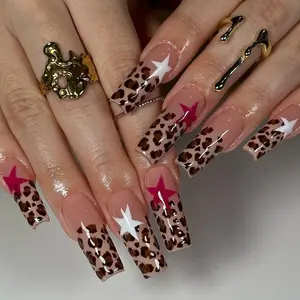 Leopard Print Press On Nails, Bold Star Design Nail Art, Handmade Leopard and Star Nails, Pink and White Star with Leopard Print Nail Art