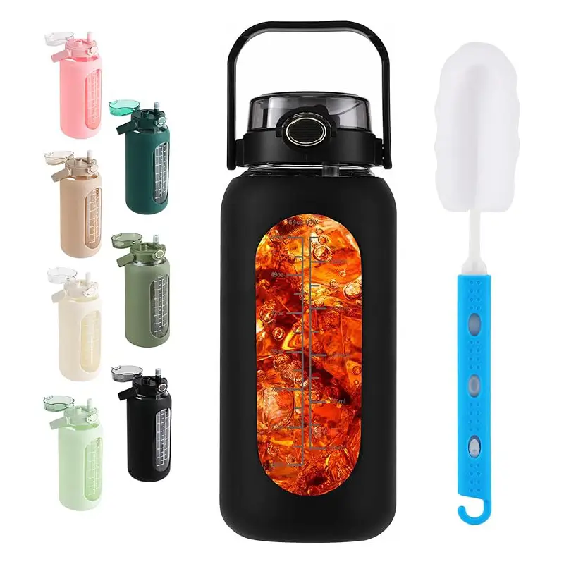 WINSA Water bottle 64oz Glass Water Bottle with Straw and Handle Lid Half Gallon Motivational Glass Bottle with Silicone Sleeve and Time Marker Large