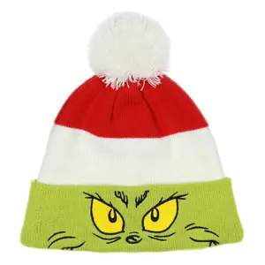 Dr. Seuss GRINCH Embroidered Face Color Block Pom Fold Cuff Adult Knit Beanie
