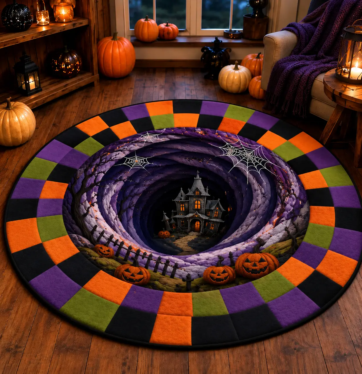 3D Illusion Halloween Round Rug, Haunted House Vortex Floor Mat, Pumpkin Gothic Velvet Area Rug, Spooky Halloween Home Decor