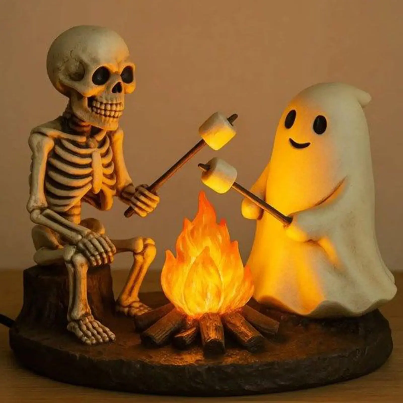 Skeleton and Ghost Bonfire Night Lamp, Roasting S'Mores at Faux Campfire, Halloween Ghost Campfire Flickering Nightlight, Spooky Home Decor, Ambient Lamp Halloween Decoration