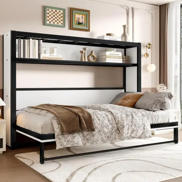 【Bellemave】Twin Size Murphy Bed with Shelves, Metal Wall Bed with Foldable and Space-saving Design, White