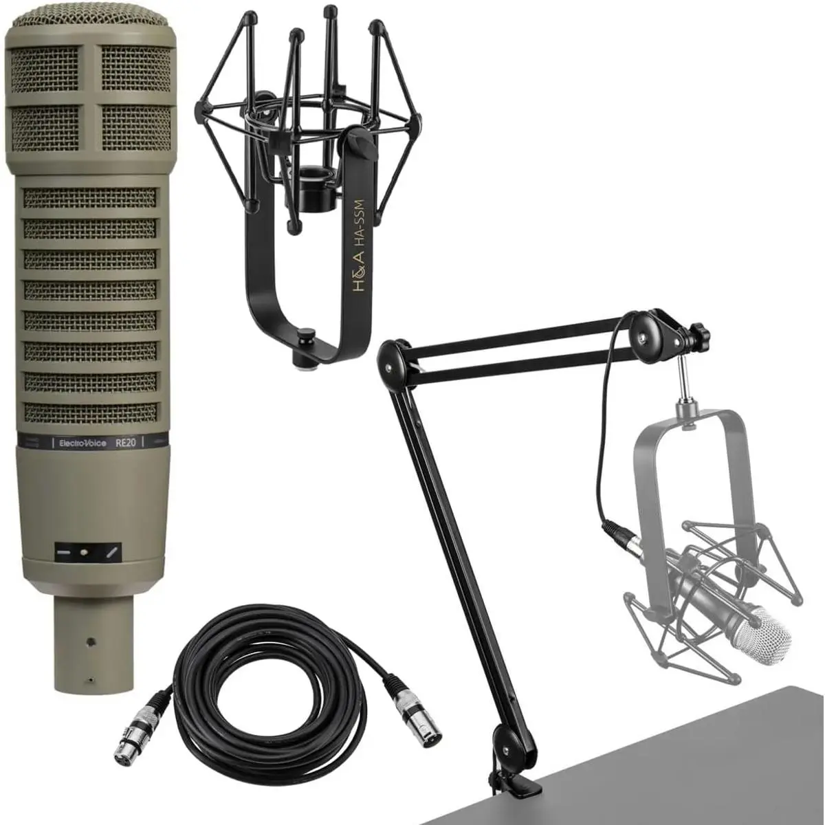 Electro-Voice RE20 Variable-D Dynamic Cardioid Audio Microphone - 45-18000Hz Frequency Response, 150 Ohms, Bundle with 309A Shock Mount, Telex WSPL-2 Foam Windscreen, H&A Broadcast Arm, XLR Cable, Steel Component