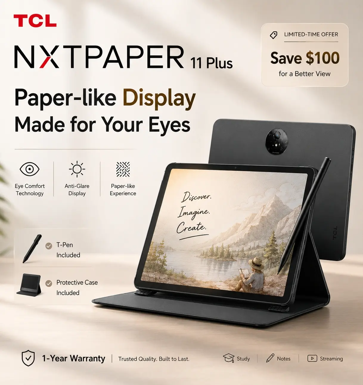 TCL NXTPAPER 11 Plus Android Tablet, 11.5" 120Hz 2.2K Drawing Pad & Digital Notebook, Stylus & Flip Case Included, NXTPAPER 4.0 Display, AI Tools, 8+8GB RAM, 256GB Storage, 8000mAh Battery, Onyx Black