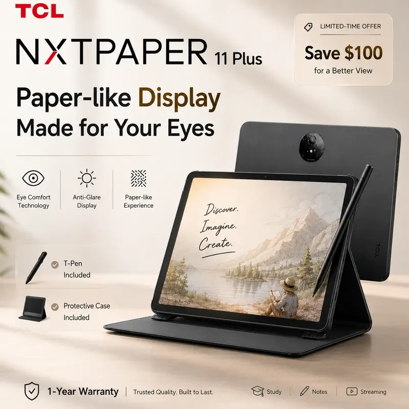 TCL NXTPAPER 11 Plus Durable Android Tablet - 11.5" 120Hz 2.2K NXTPAPER 4.0 Display, 8+8GB RAM, 256GB Storage, 8000mAh Battery, Stylus, Flip Case, Metal Stand, Charging Protection, AI Tools, Onyx Black for Work, Content Creators techvibes