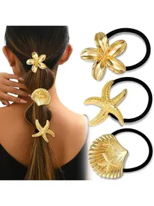 3PCS Gold Hair Ties, Metal Hair Ties for Thick Hair, Elegant Durable Geometric Design, Gold Hair Accessories Stretchy and Non-Damage Ponytail Holders, Ocean Pattern 3 Style Starfish Shell Flower