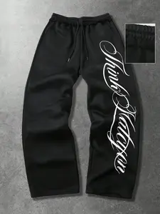 Men's Baggy Streetwear Sweatpants with Oversized Script Graphic Print - Wide Leg Straight Fit Joggers for Cyber Grunge Aesthetic and Casual Skater Outfits