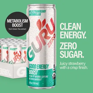 GURU ZERO SUGAR Organic Energy Drink, Wild Strawberry Watermelon with Plant Based Natural Caffeine from Green Tea, Coconut Water, Prebiotic, Zero Added Sugars, Gluten Free & Vegan, Pre Workout Beverage, 140MG Caffeine, 12 Oz (Pack of 24)