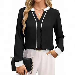 Womens Tops Dressy Casual V Neck Color Block Business Casual Blouses Long Sleeve Work Shirts Fall Trendy Clothes