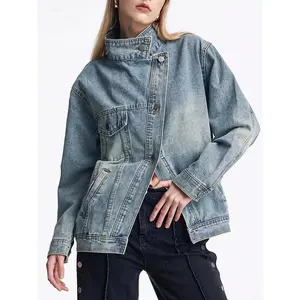 Women's vintage washed high-neck asymmetrical button loose denim jacket, street style fashion versatile coat, suitable for spring, autumn, and winter wear