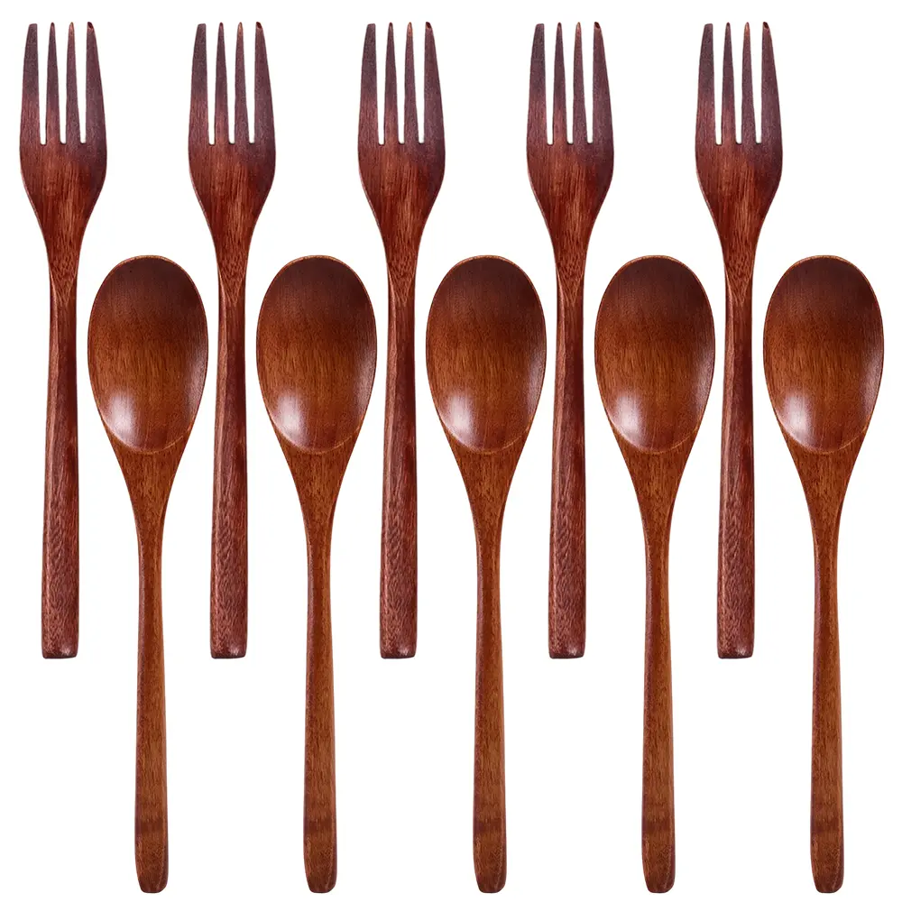 10pcs Wooden Spoons Forks Set Wooden Utensils for Eating Wood Dinner Utensil Set Reusable Flatware Tableware Handmade Natural Cutlery Includes Spoon Fork for Cooking Eating Kitchen