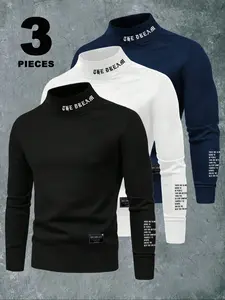 3Pcs Men's Letter Print Round Neck Casual Streetwear Sweatshirt, Regular Fit Casual Fashion Long Sleeve Pullover for Daily Wear, Men's Clothes for All Seasons, Menswear