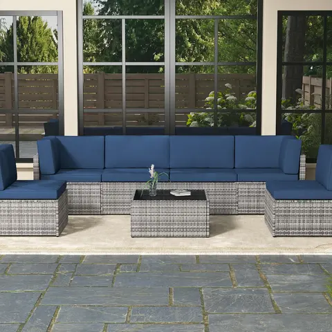 【Multiple packages arrived at different times】7-Piece All-Weather PE Rattan Patio Set – Outdoor Wicker Sectional Sofa for Porch, Deck & Garden