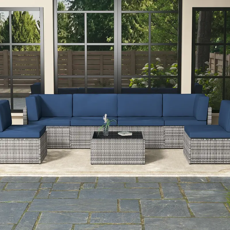 【Multiple packages arrived at different times】7-Piece All-Weather PE Rattan Patio Set – Outdoor Wicker Sectional Sofa for Porch, Deck & Garden