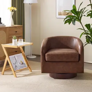 VINGLI 360°Swivel Accent Chair with Engineered Wood Base and Removable Cushion for Living Room, Bedroom, Curved Back Barrel Chair for Small Space, Upholstered Bucket Armchair