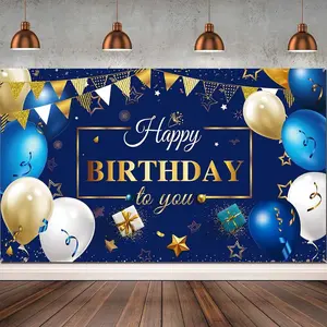 Happy Birthday Backdrop Banner for Men, Navy Blue and Gold Birthday Decorations, Photo Backdrop Background Party Favor Celebration Supplies, 72.8 x 43.3 Inch