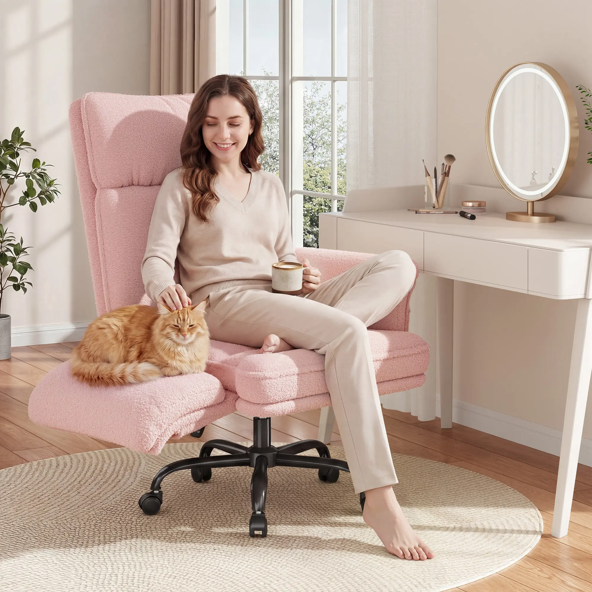 Raybee Big and Tall Office Chair with Adjustable Armrests & Wheels, 145° Reclining Desk Chair Comfy, Pink Vanity Chair for Home, Office, Bedroom, Living Room, Teddy Plush Furniture #SummerVibes #TikTokShopStockUp