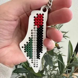 Palestine map wooden keychain with tatreez