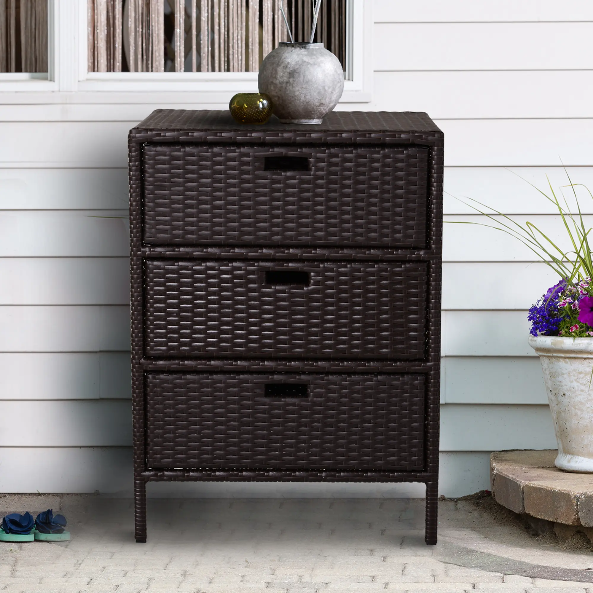 Brown Outdoor Storage Cabinet – Hand-woven PE rattan + powder-coated steel. 3 large drawers with easy-grip handles. 110 lbs total capacity. Poolside organizer