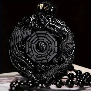 2026 exquisite gift men's stone dragon and phoenix glass pendant necklace exquisite design auspicious symbol black bead necklace