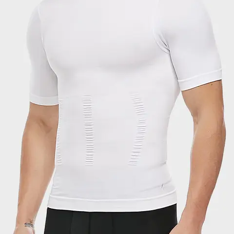 Men's Seamless Shapewear Sports Top, Breathable Waist Cinching Short Sleeve, Casual All-Season Regular Length, Plain Surface Design