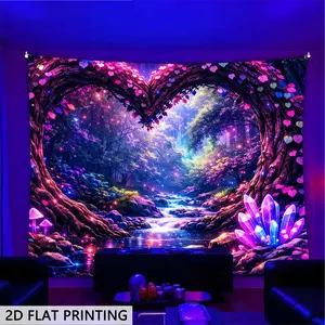 2d Flat, Heart-shaped Trees and A Stream Glow-in-the-dark Blacklight Tapestry, Room Decor Wall Hanging for Bedroom, Living Room, Office. Also Lndoor and Outdoor Holiday Door Flag for Porch, Garden. Computer Room Decor, Festive and Party Decor