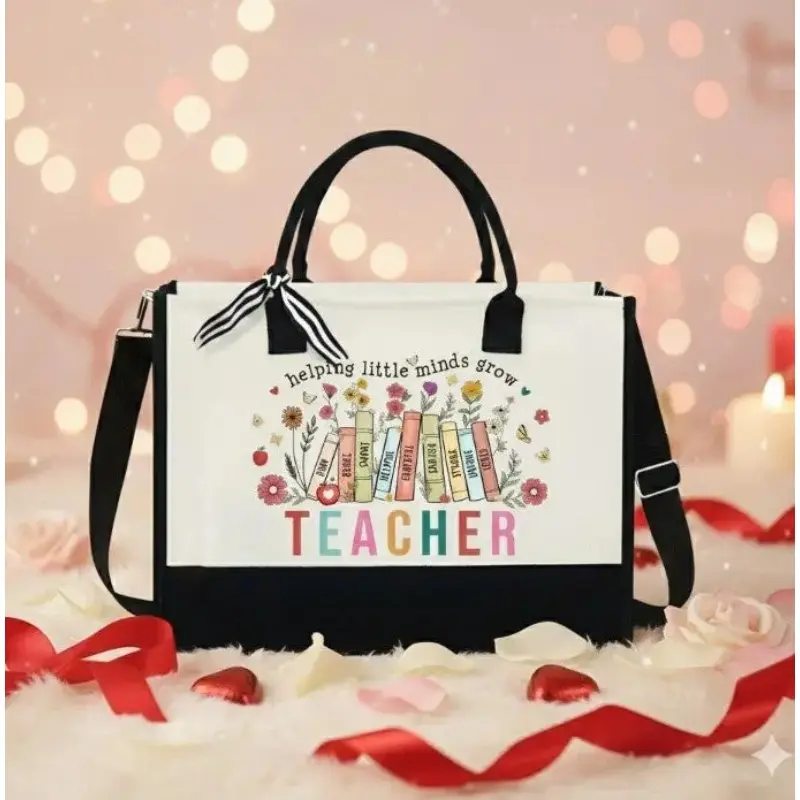 Teacher Appreciation Gift – Cute Canvas Tote Bag with Zipper, Christmas Gift, Teacher Appreciation Gift, Xmas Gift for Teacher, 13oz Teacher Bag, Inner Pocket