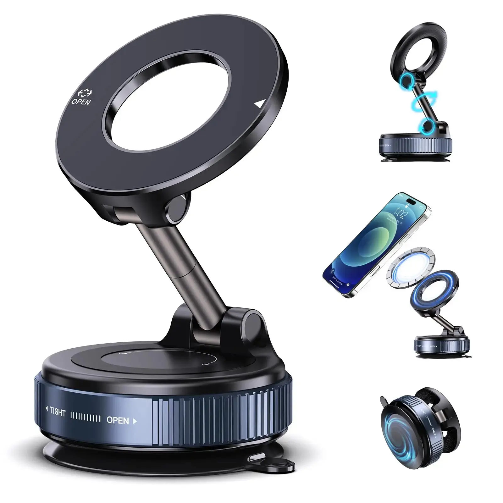 New Foldable Vacuum Magnetic Car Phone Holder, No Power Needed Suction Mount, 360 Degree Rotatable Adjustable Silent Cell Phone Stand for All Smartphones
