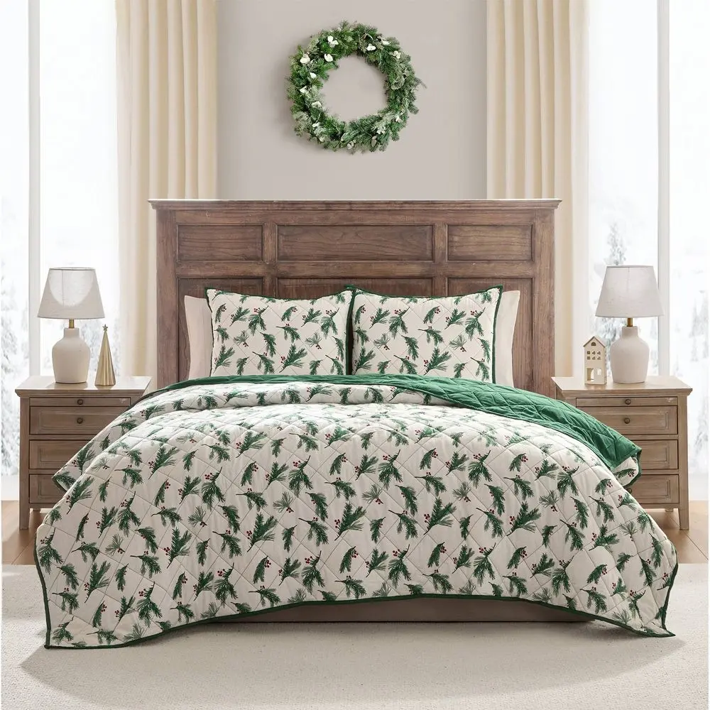 Hallmark King Flannel Greenery Print Quilt Set