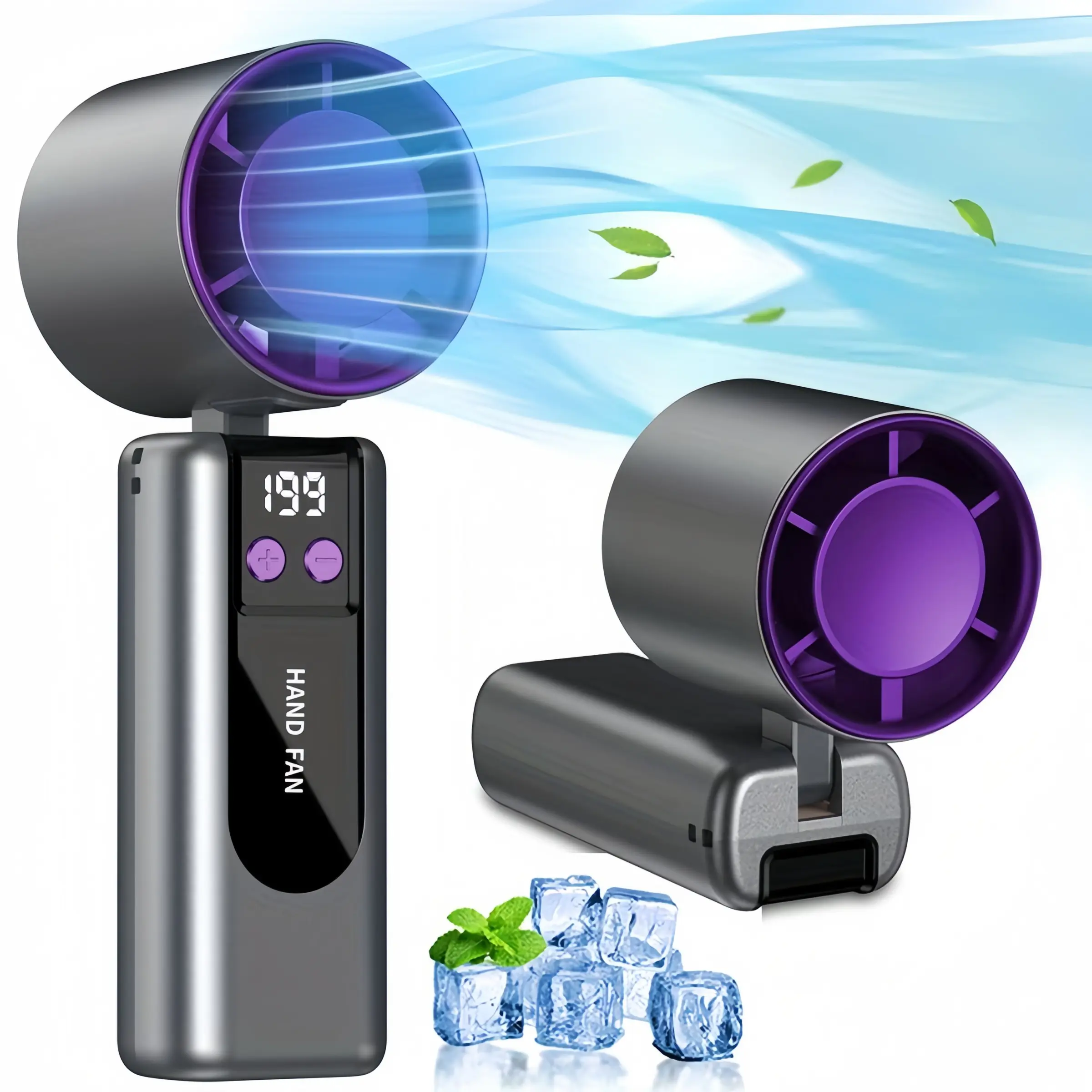 Mini handheld fan, Multifunctional cooling fan, wearable/handheld mini cooling fan, 199 adjustable settings, equipped with 1800 mAh battery pack, with digital display, foldable, quiet and powerful motor, Handheld Pocket Fan, Rechargeable Handheld Fan