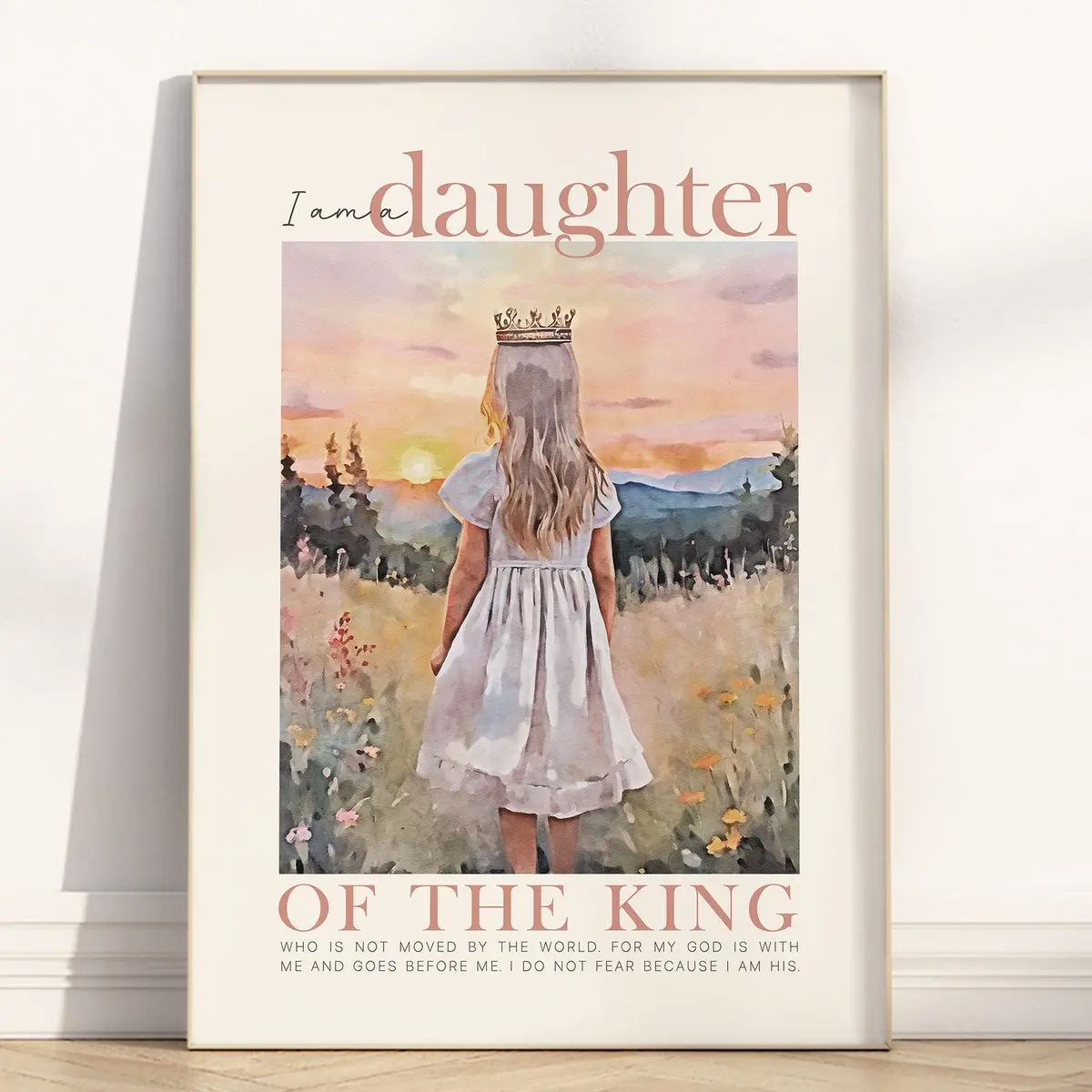 Christian 2 Corinthians 6:18 Watercolor Scripture Quote Baby Girl Nursery Poster, I Am a Daughter of the King Bible Verse Printable Wall Art, Room Decor, Unframed