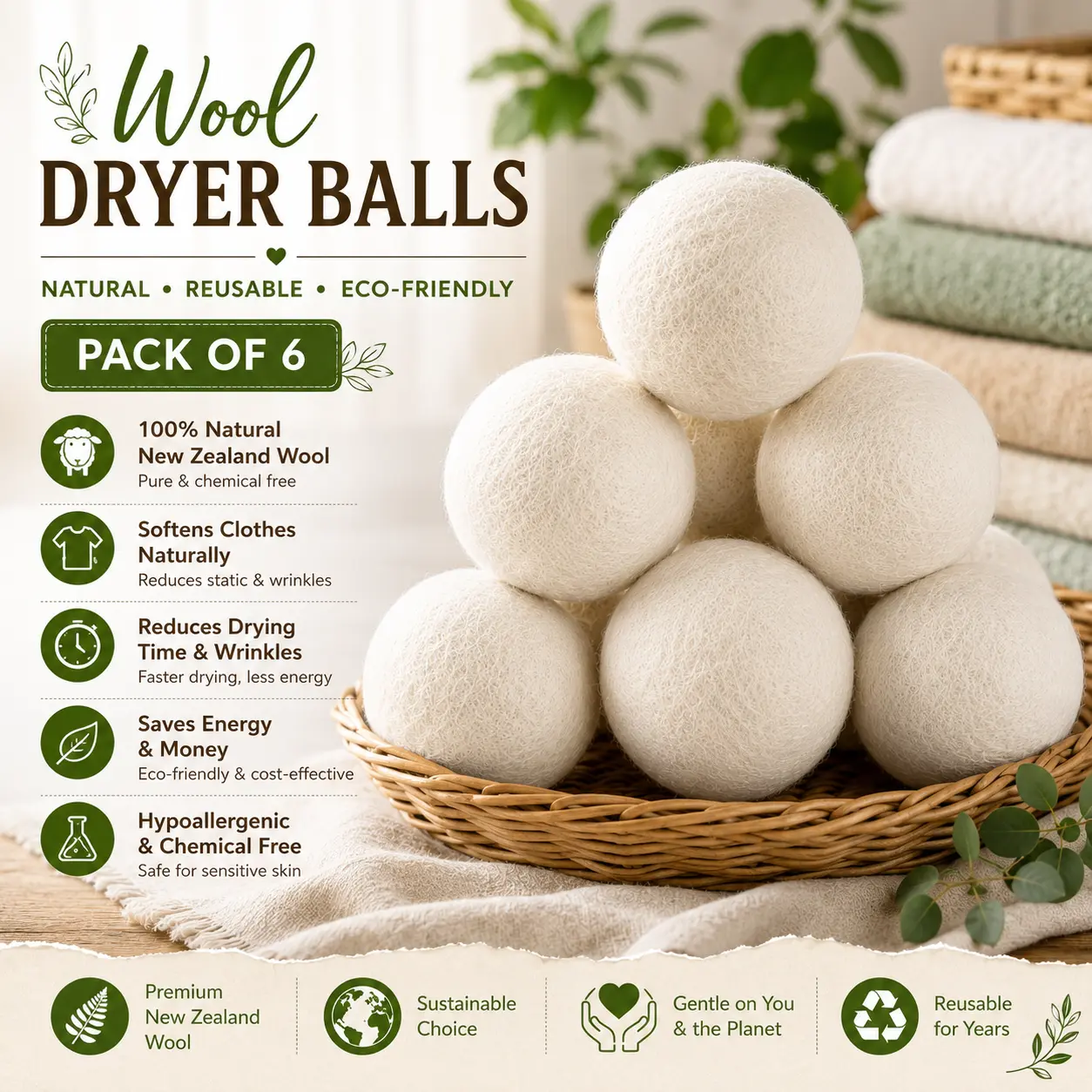 6-Pack Unscented 100% NZ Wool Dryer Balls, Eco-Friendly Home Supplies Laundry Tool, Chemical-Free Reusable Natural Fabric Softener, Wrinkle Resistant, Energy-Efficient, Easy to Clean Large Load Accessories