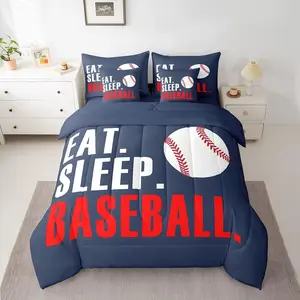 Baseball Comforter Set,7 Piece 3D Ball Sports Bed in A Bag for Boys Girls,Blue Eat Sleep Baseball Bedding Set,Games Bed in a Bag