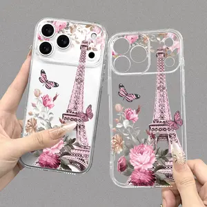 TPU Minimalist Transparent Flower-Print Eiffel Tower Smartphone Case - Newly Launched Mixed-Color Phone Accessory for iPhone 17,16,15,14,13,12,11,X,8,7 - Device Protection, Ideal Holiday Gift