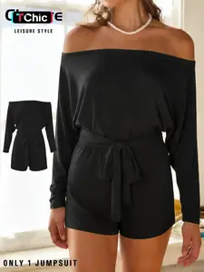 Women's Long Sleeve One Shoulder Jumpsuit Shorts, Soft Fabric, Basic Casual Fitted Belted Design, Plain Pattern, All Seasons Wear