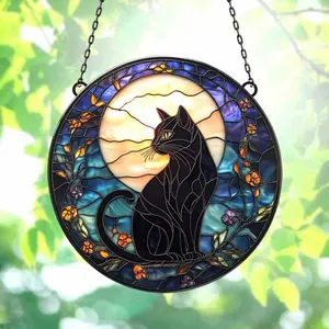 Night Black Cat Suncatcher Acrylic Window Hanging, Cat Window Hanging Home Decor 6'', Gift For Cat Lover