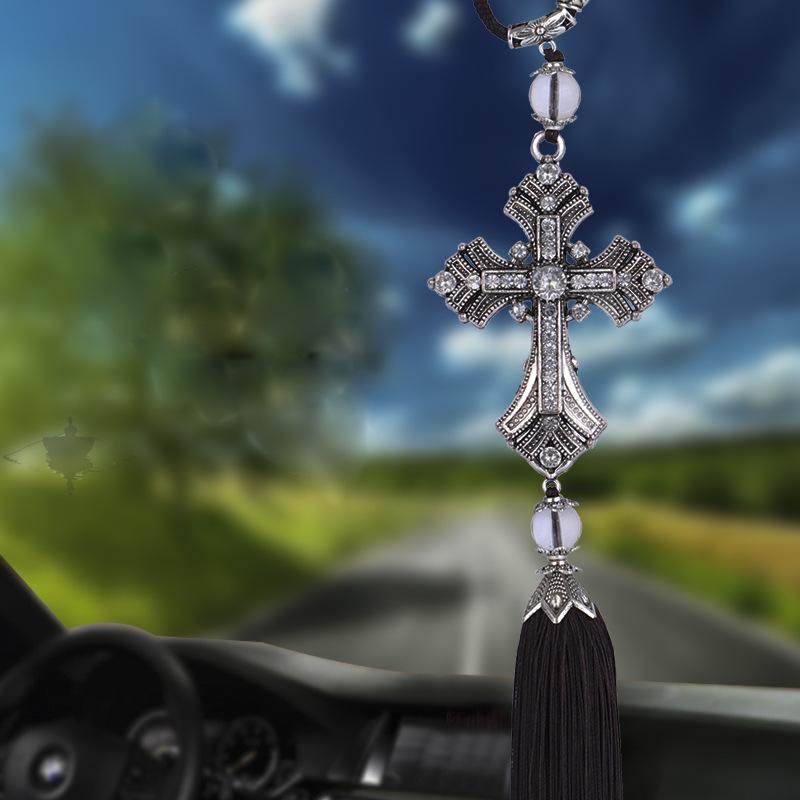 Alloy Crystal Diamond Car Pendant Peace Cross Interior Rearview Mirror Decoration Car Accessories