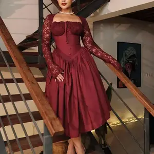 Women’s A-line dress with contrast lace, a bow at the front, and faux buttons; elegant formal wear; square-neck long-sleeve dress for parties, holidays, and wedding guests; ladies’ clothing for all seasons; womenswear; formal dresses for women