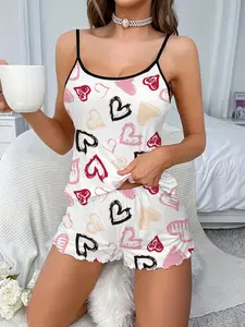 Two-Piece Set, Casual Women's All Over Heart Print Cami Top & Lettuce Trim Shorts, Contrast Binding Sleeveless Spaghetti Strap Camisole & Elastic Waist Shorts PJ Set, Ladies Sleepwear & Loungewear for Spring & Fall, Pajama Sets, Womenswear