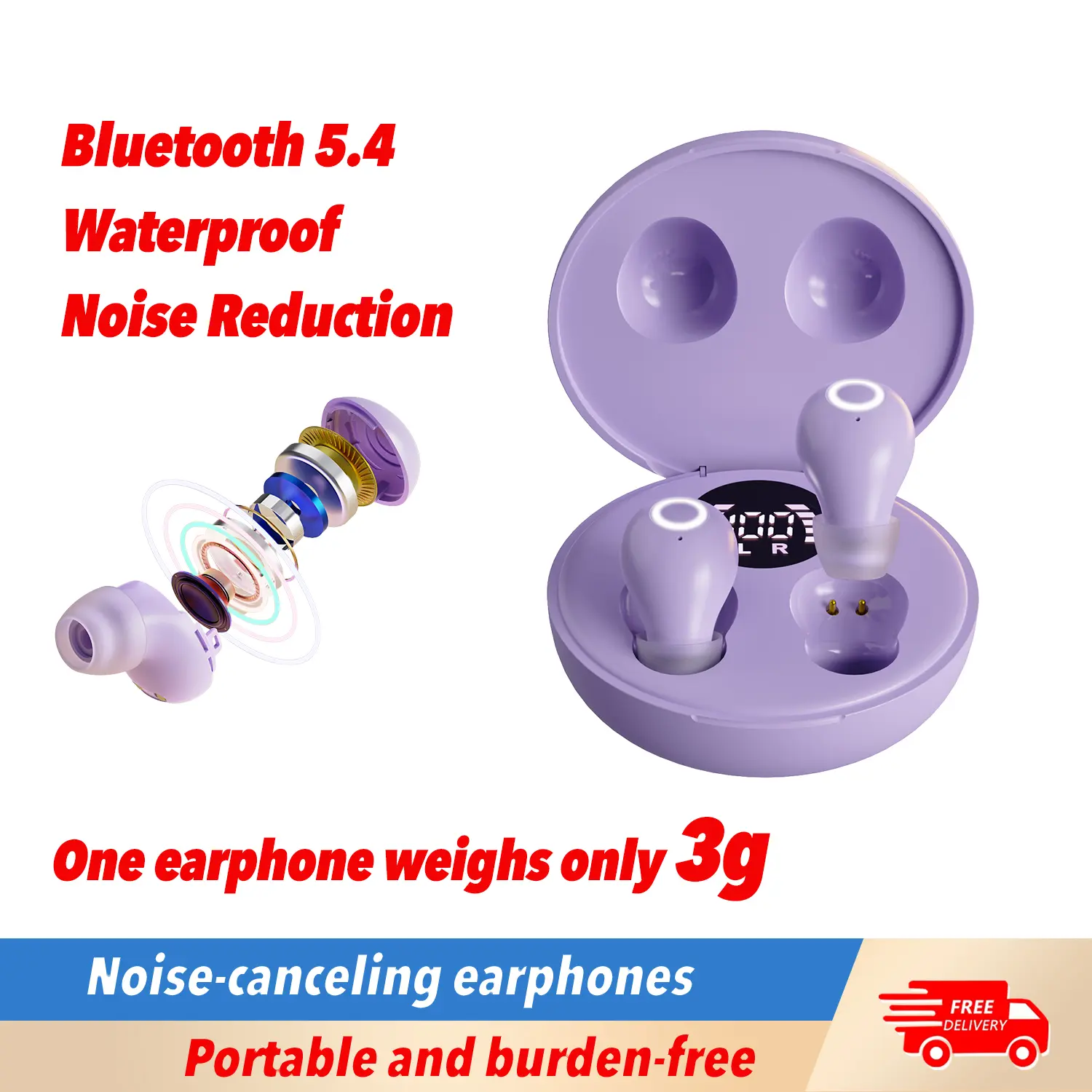 Lightweight Wireless Bluetooth 5.4 Headset, Ultra Thin Flat Portable Electronic Earbuds, No Sound Leakage, Long Lasting Battery, Comfortable Fit for Side Sleepers, Waterproof Sports Use, Water Proof