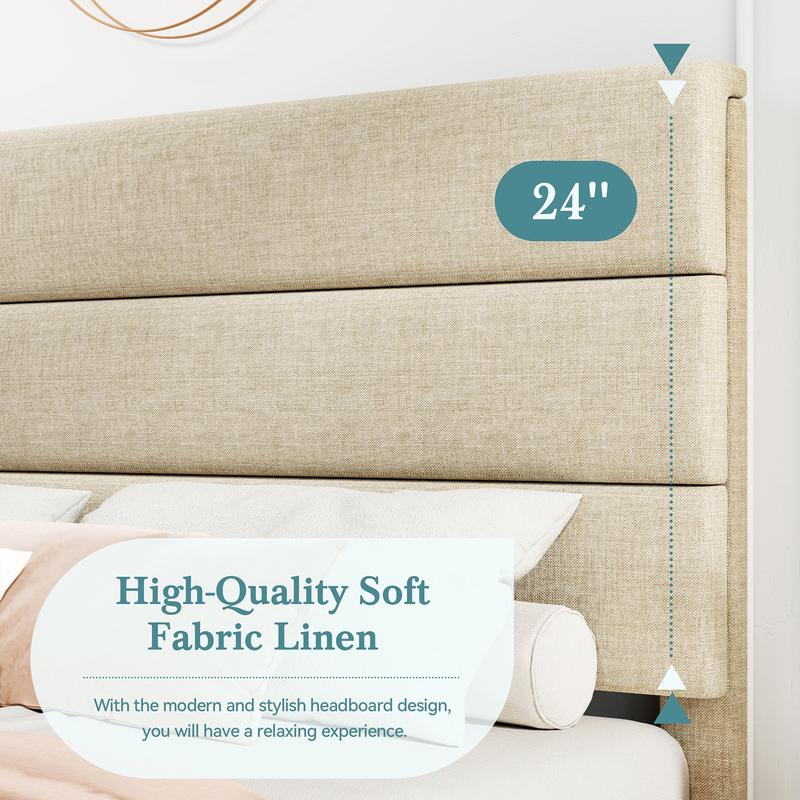 HOOMIC Upholstered Platform Bed Frame【Frame Only No Mattress】- Fabric Headboard with Strong Wood Slats,Full/Queen/King,Beige/Dark Grey/Navy Blue/Velvet Black/White,No Box Spring Needed