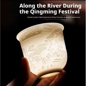 White porcelain tea cup with mutton fat jade finish, featuring the scene of the Riverside Scene during the Qingming Festival, a single cup for tea tasting