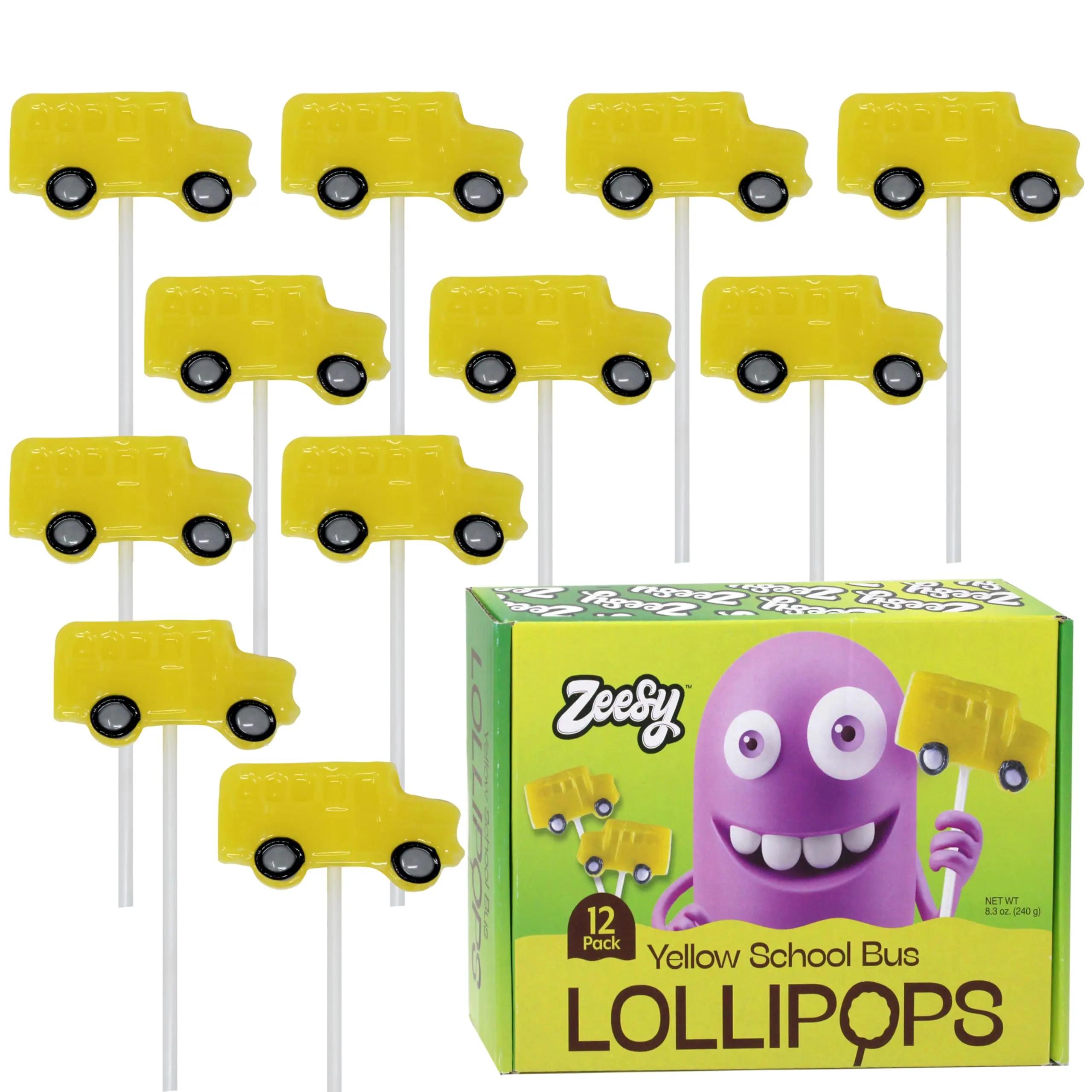 Zeesy School Bus Lollipops Individually Wrapped Candy Suckers for Kids Birthday and Back to School Party Favors 12 Pack