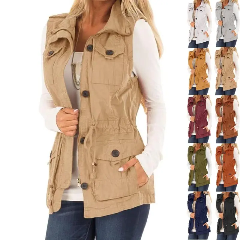 Women's Classic Cotton Slim-Fitting Casual Military Utility Vest - Lightweight Sleeveless Drawstring Tops with Pockets, Wine Red, Mustard Yellow