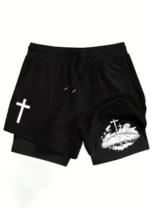 Men's 2 in 1 Shorts with Graphic Print - Streetwear Style Athletic Gym Shorts, Drawstring Waist, Breathable Fabric, Trendy Urban Fashion Casual Shorts for Workout, Lounge & Daily Wear, Running Workout Shorts, Athleisure Shorts, Fitness Shorts