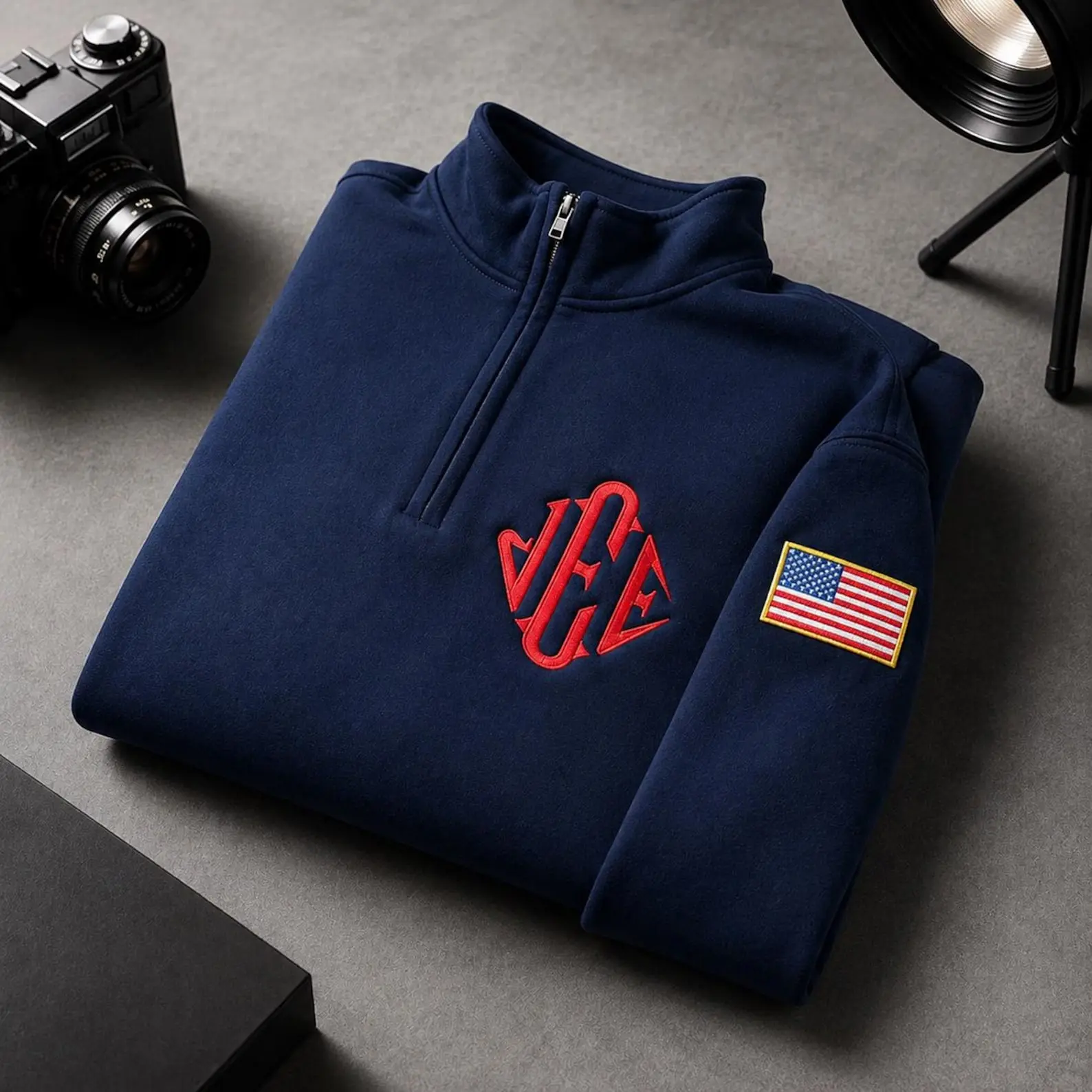 [ Sale 60% ] Personalized J.E.E Inspired Quarter Zip Sweatshirt, Embroidered Monogram & American Flag, Custom Initial Pullover, Patriotic Gift for Men