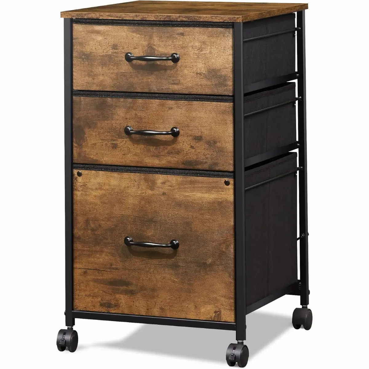 Mobile File Cabinet, Rolling Printer Stand with 3 Drawers | Fabric Vertical Filing Cabinet fits A4 or Letter Size, Vintage Style, Espresso End, GALAXHERO Brand