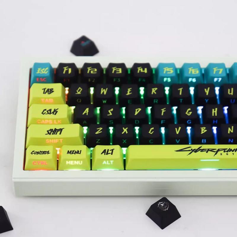 Cyberpunk Theme Keycap, 1 Set 129 Keys OEM Height PBT+PC Material Side Engraving Light Transmission Process Keycap, Universal Gaming Keyboard Keycap, RGB Backlight Keycap