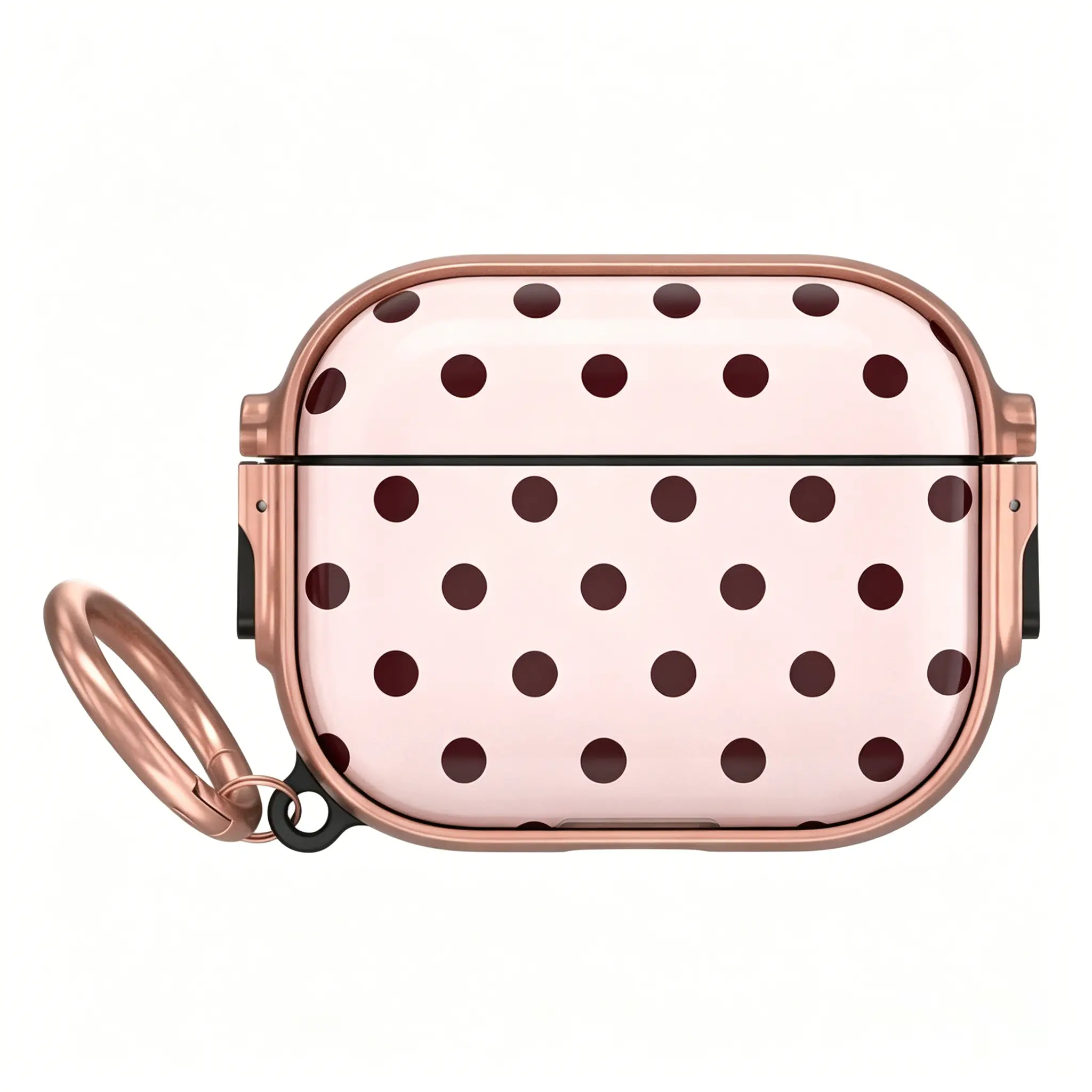 Sweet pink-brown polka dot print | Full wrap luxury rose gold trim | Anti-lost metal ring included | Glossy scratch-proof coating | Fits AirPods Pro3 & 4 | Charge without case removal | Shockproof & easy to install