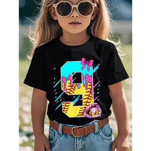 9th Birthday Softball Ice Cream Drip Bow Graphic T-Shirt - Vibrant Pink & Number 9 Design with Bow & Number 9 - Soft Stretchy Fabric Casual Round Neck Short Sleeve, Machine Washable All-season Kids Top For Birthday Parties & Casual Attire